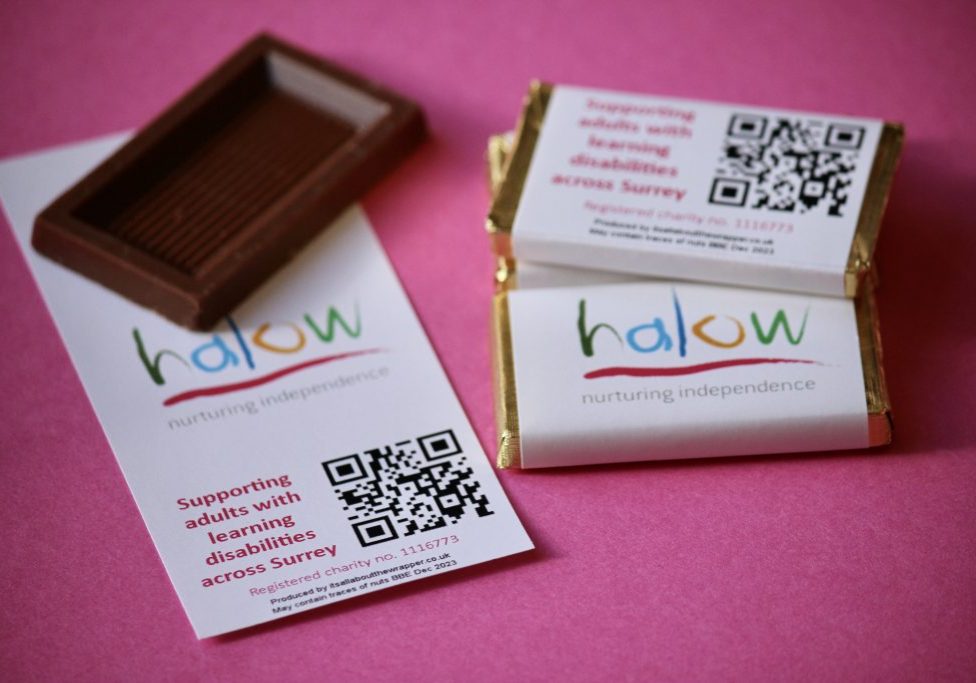 Halow charity, Guildford Charity chocolate bars with QR code on wrapper